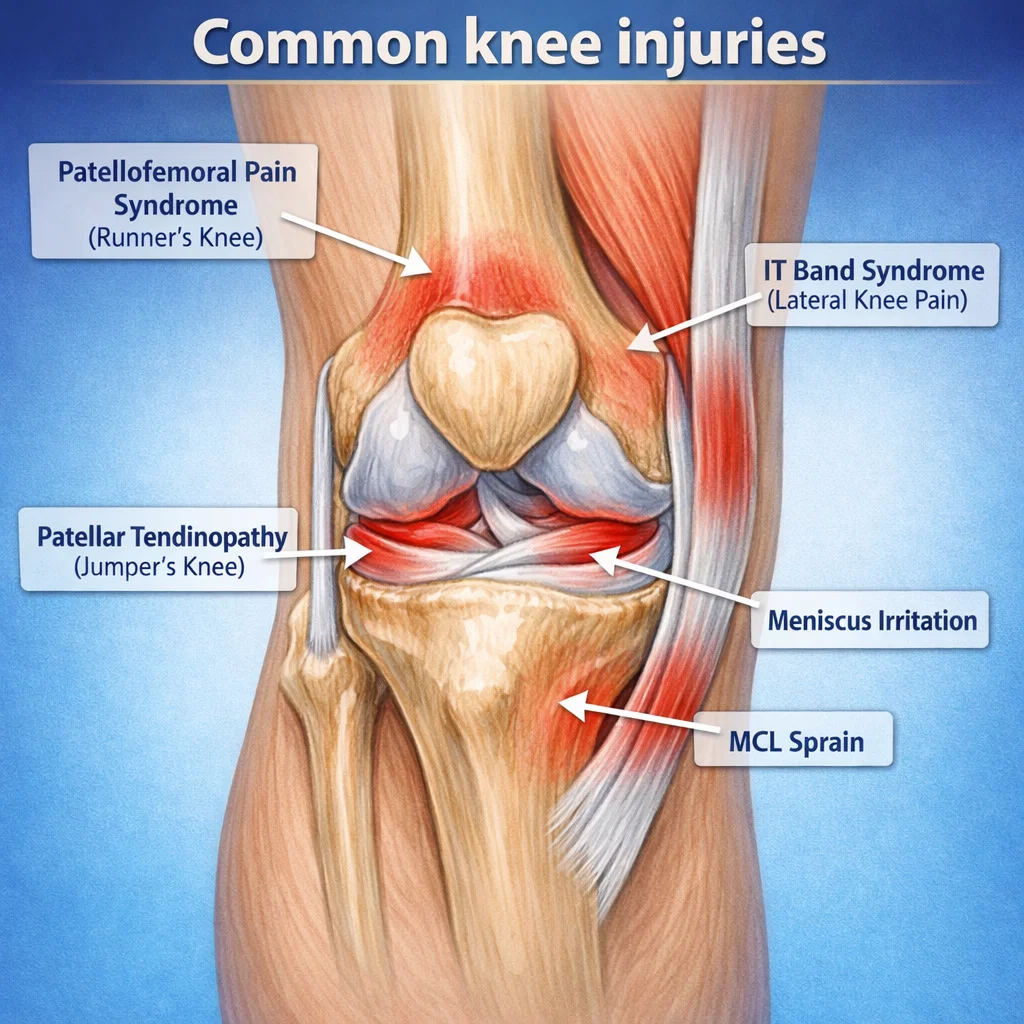 Illustration showing common knee injury pain locations in runners