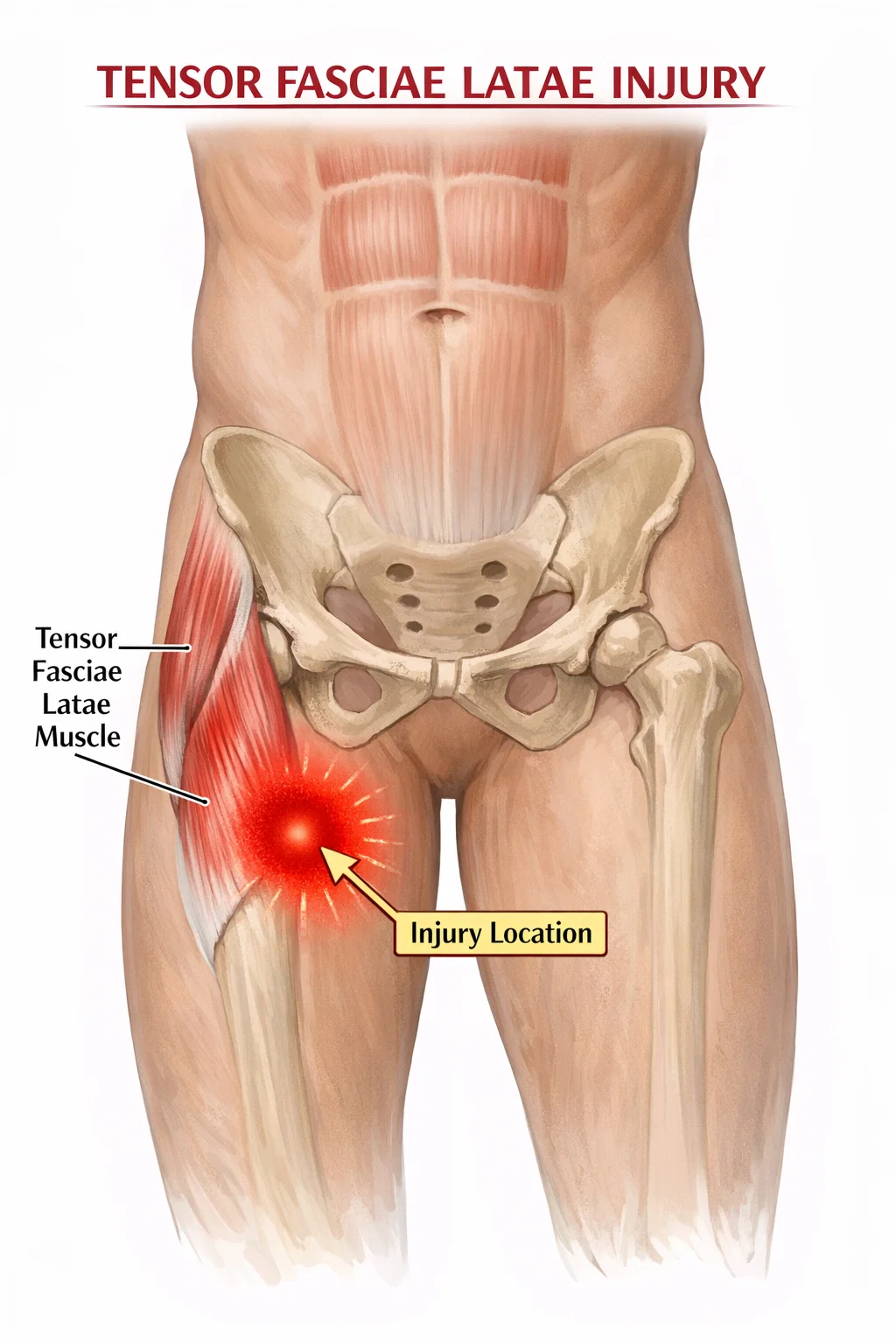 Illustration highlighting the tensor fasciae latae on the outer hip