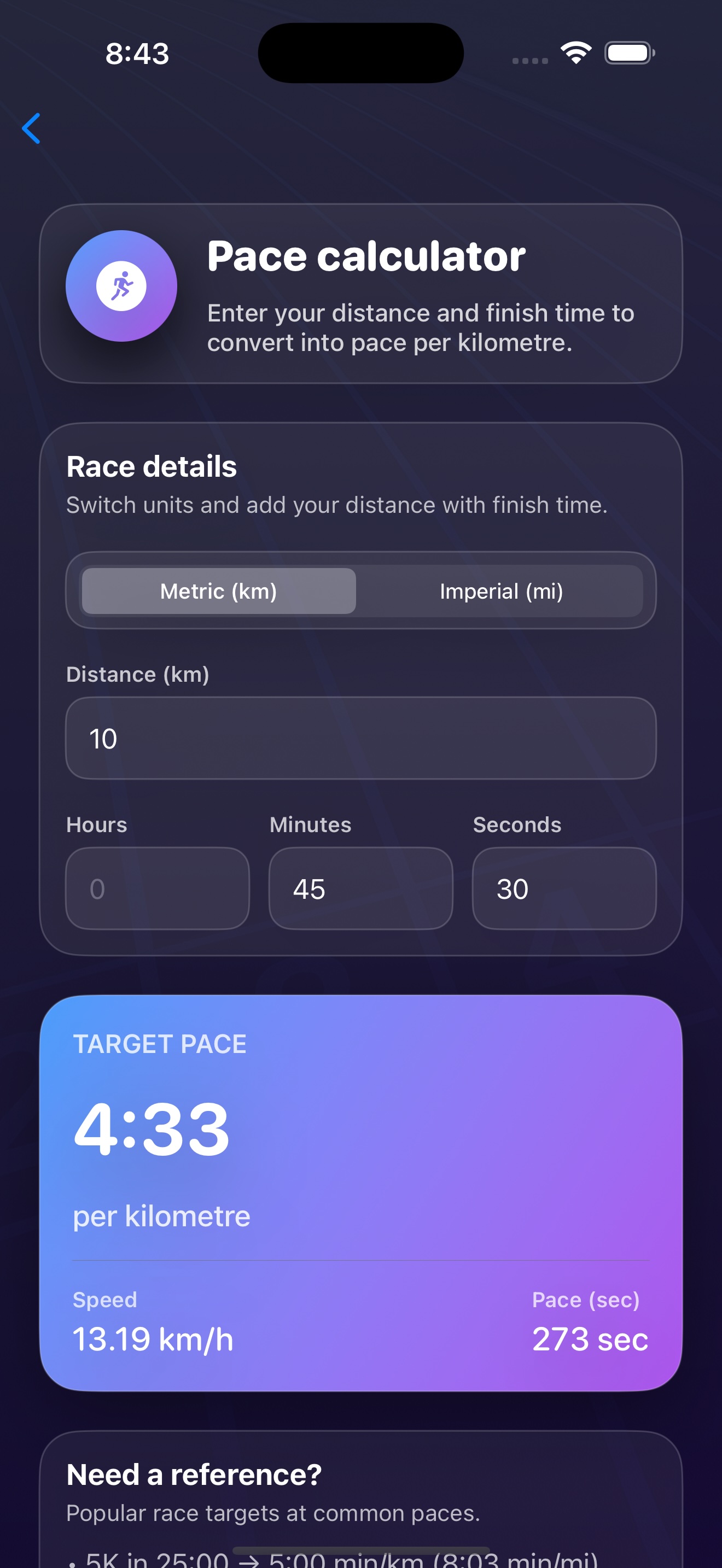 RunCalcs pace calculator displayed on an iPhone.