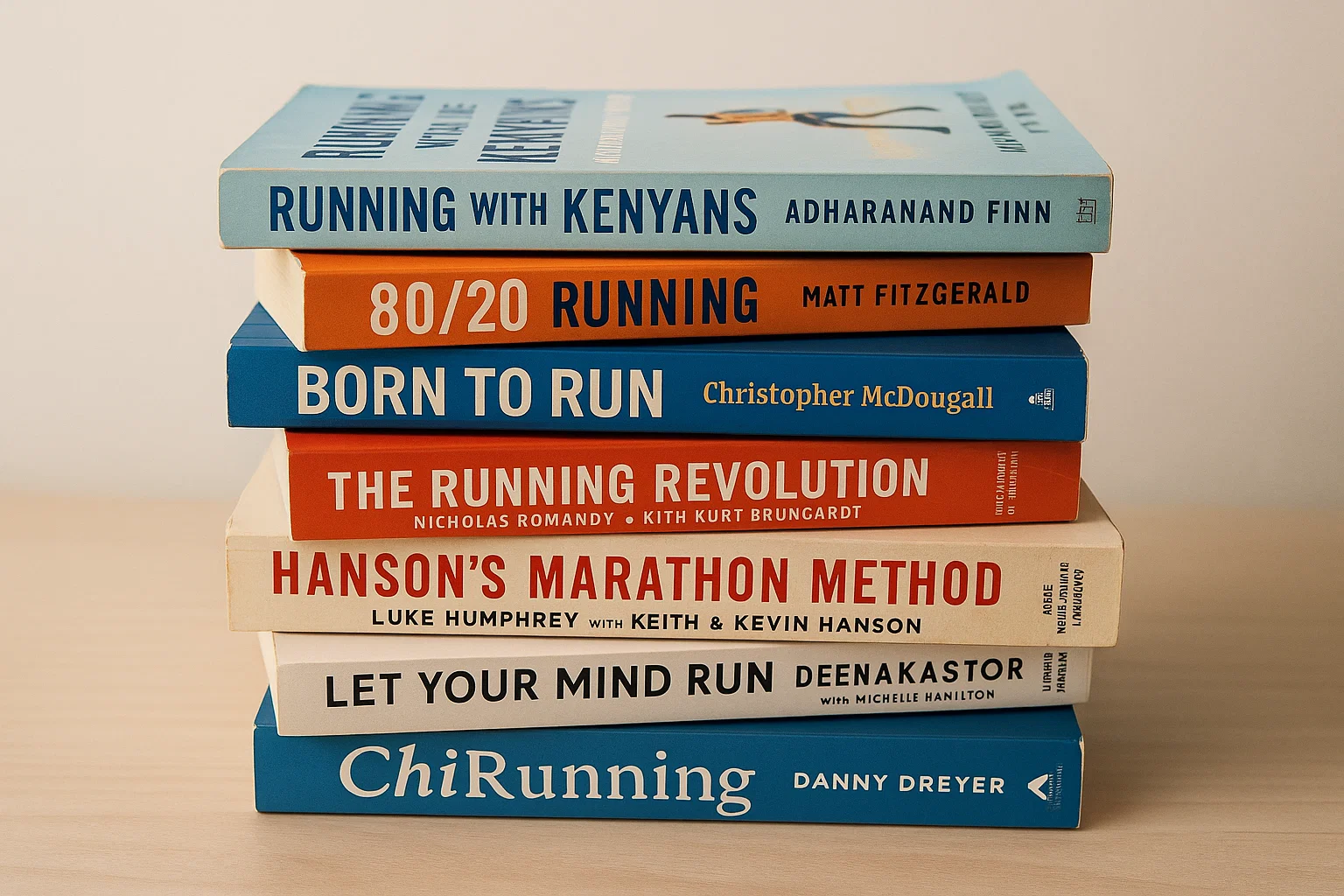 Stack of running training and nutrition books